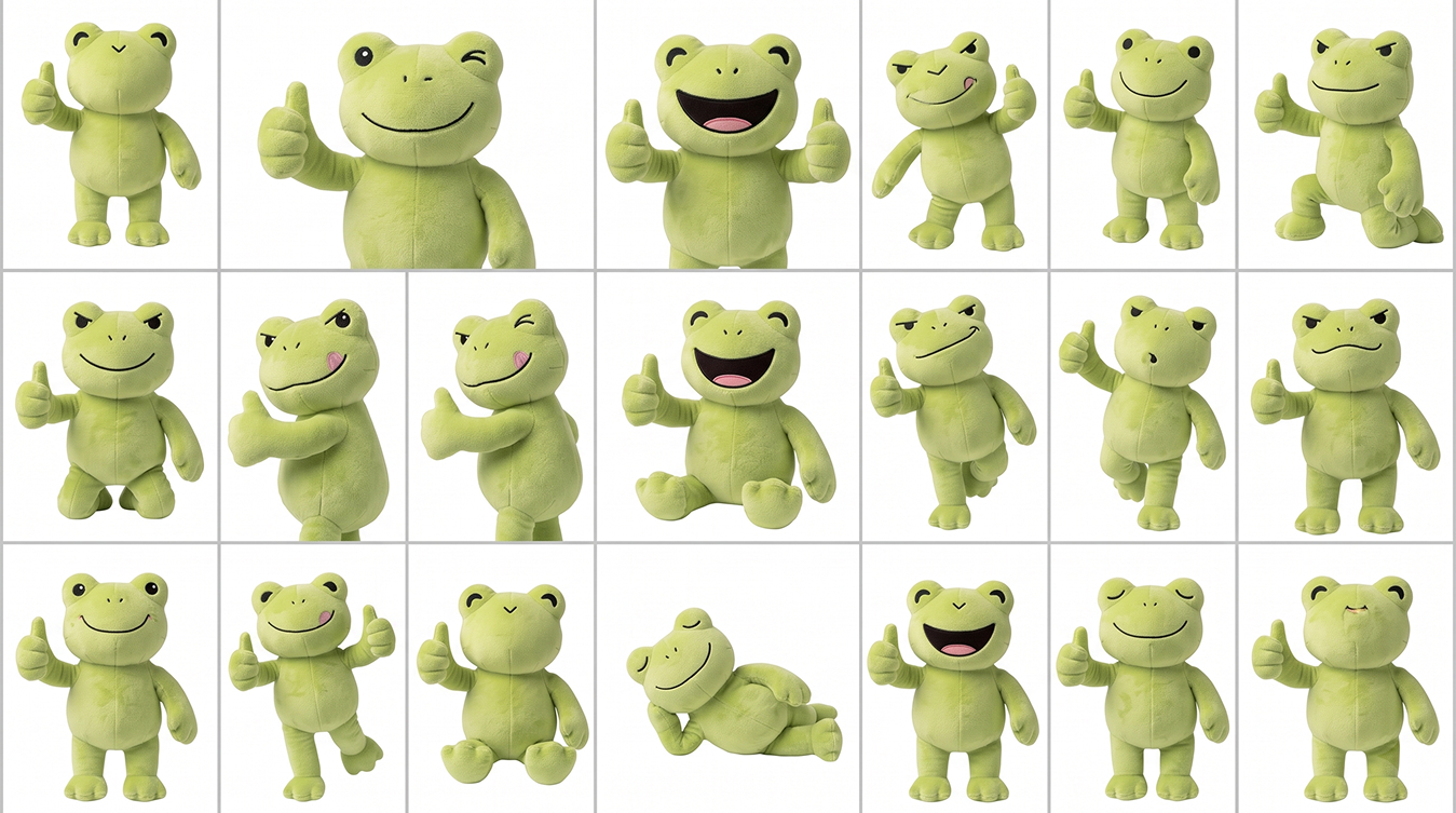 Grid of Kek plushies approving