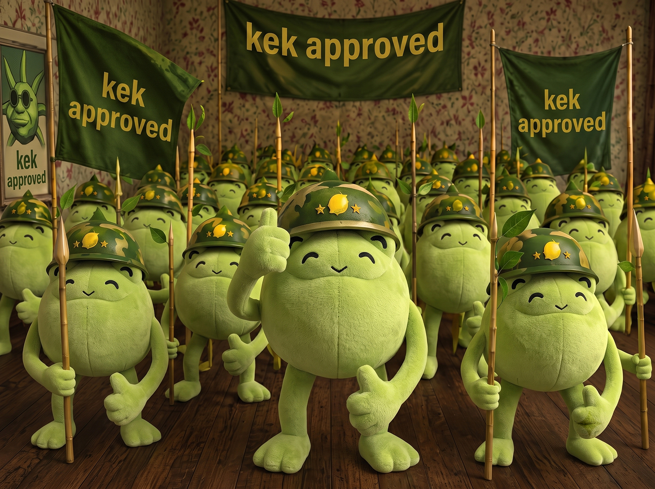 An army of Kek plushies holding kek approved flags